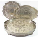Two oval silver plated galleried trays and another circular tray with shell edge