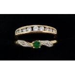 Two 9 carat gold dress rings, one set green stone and chip diamonds