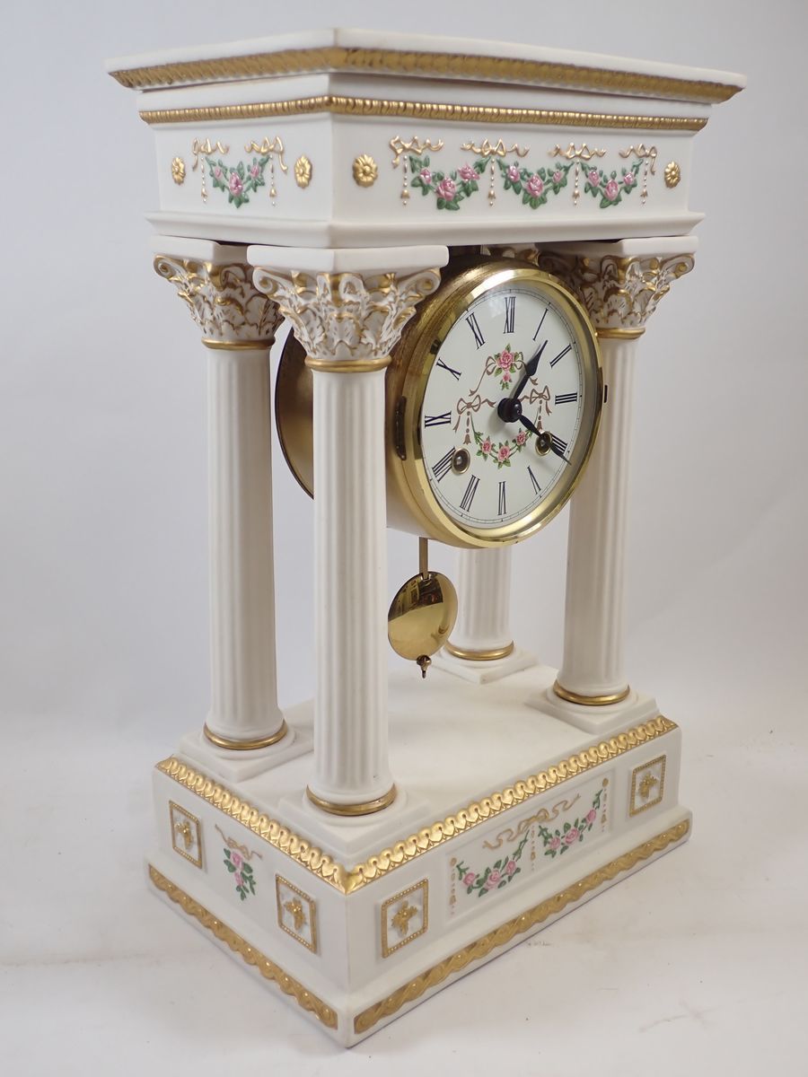 A Franklin Mint floral porcelain Empress Josephine Portico clock, striking on a bell, hairline to - Image 3 of 6