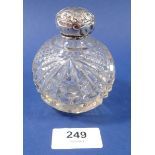 A spherical cut glass scent bottle with silver lid and internal stopper, 8cm, Chester 1906
