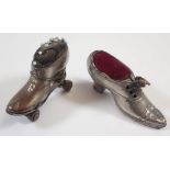 A Victorian pin cushion in the form of a roller skate, 6cm and another shoe form one