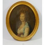 An oval print of 18th century woman in gilt frame, 37 x 29cm