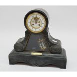 A Victorian black slate mantel clock with visible escapement and mercury pendulum, 44cm tall