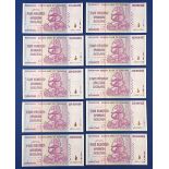 A sequential set of ten 500 million Zimbabwe dollar notes