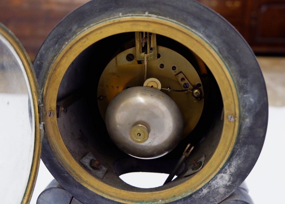 A Victorian black slate mantel clock with visible escapement and mercury pendulum, 44cm tall - Image 2 of 2