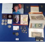 A miscellaneous lot of coins and banknotes including: Festival of Britain 1951 crown in box, 7 off