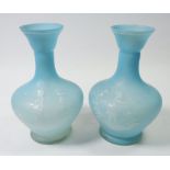 A pair of Mary Gregory style pale blue satin finish glass vases painted boy and girl holding