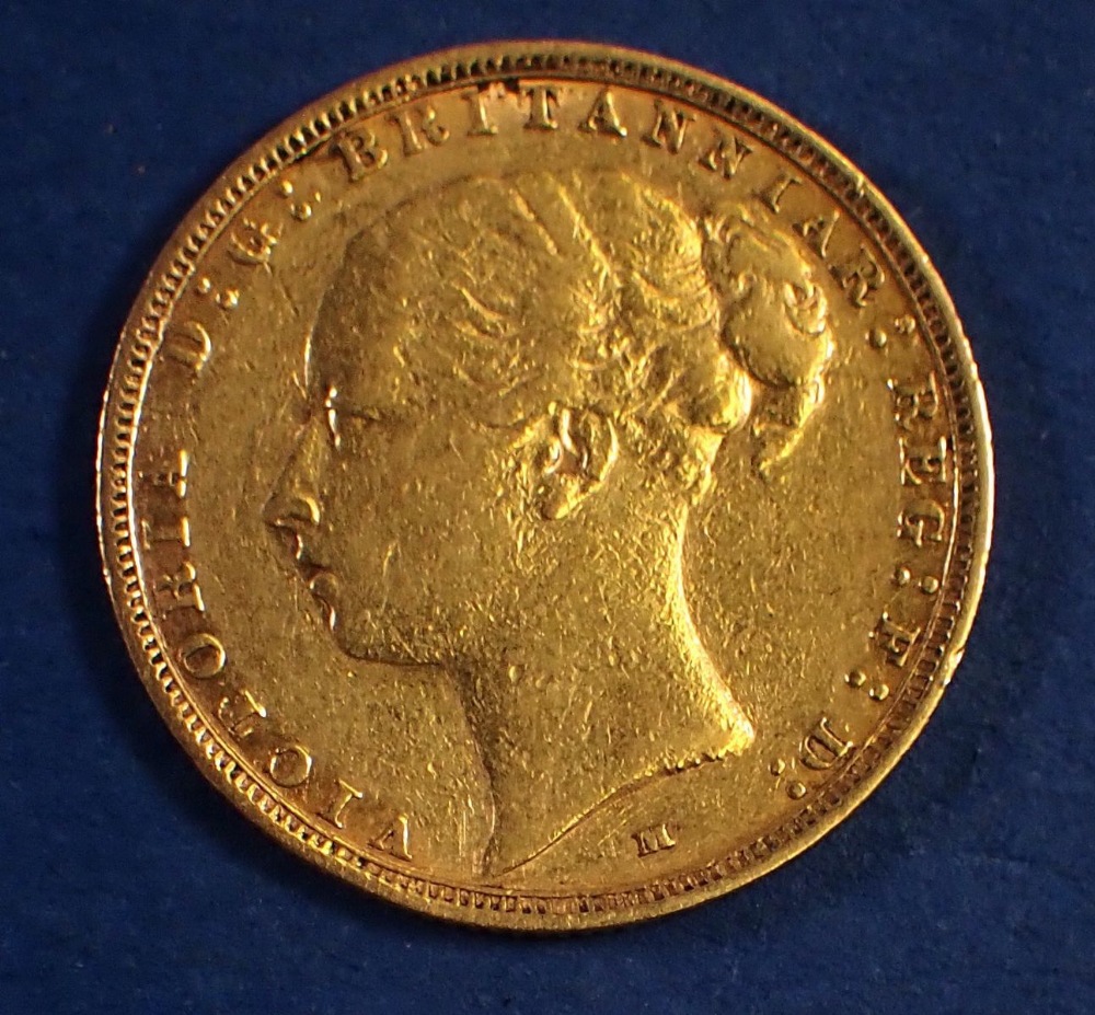 Gold sovereign Victoria (young head) 1885 Melborne mint, horse with short tail, Condition: Fine