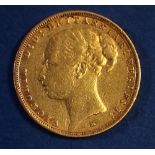 Gold sovereign Victoria (young head) 1885 Melborne mint, horse with short tail, Condition: Fine