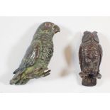 A miniature cold painted bronze parrot, 4cm and a miniature bronze owl