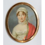 L Gey - early 19th century oval watercolour on ivory miniature portrait of a woman with white