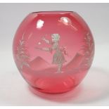 A cranberry spherical Mary Gregory style glass vase painted girl in landscape, 17cm tall