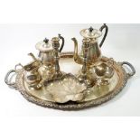 A large Alpaca silver plated two handled tray, 68cm together with a four piece silver plated tea