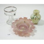 A painted vaseline glass vase, a pink glass dish painted daisies and a trailed glass Powell style