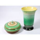 A Shelley Harmony Ware green vase, 13cm tall and a powder box