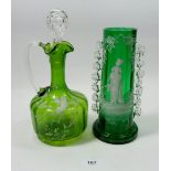 A green Mary Gregory style glass vase painted woman with watering can, 22cm tall and a green