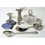 A group of silver plated items including two stirrup cups, white metal mounted hunting horn etc.