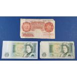 Two one pound notes and an early L K O'Brien ten bob note