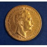 Gold: German States: Prussia 20 Mark Wilhelm II 1897, Berlin Mint. Condition: VF
