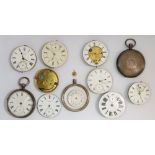 Two silver pocket watches and eight watch movements