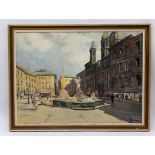 A large oil on board Plazza Navona, Rome - signed indistinctly, 67 x 93cm