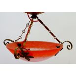 A Rethondes French glass light fitting with pink and red mottled glass bowl, bowl 35cm diameter