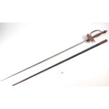 A dress sword with cut steel hilt and leather scabbard, scabbard 84cm and engraved blade 80cm, by