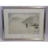 George Soper - aquatint 'Salmon Fishing' signed in pencil, 25 x 35cm