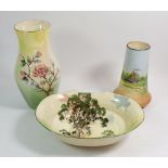 A Royal Doulton bowl printed landscape, a Winton lustre vase and a Burleigh Ware vase