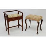 An Edwardian piano stool with rise top and raised back plus a small mahogany dressing table stool