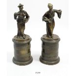 A pair of 19th century bronze figures of Chinese man and companion feeding birds, 22cm tall