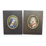 A pair of 19th century painted porcelain plaques of Madonna and mother and child, 7.5 x 6cm