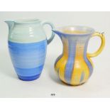 A Shelley Art Deco Harmony ware blue banded jug, 17cm tall and a blue and orange streaked one