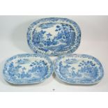 A set of three 19th century blue and white Staffordshire meat plates with Chinoiserie scene