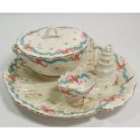 A Hammesley china soup bowl with integral salt and pepper, decorated ribbon and flowers - lid