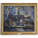 Martin Ocana - oil on canvas townscape at night, 45 x 54cm, signed, some flaking paint