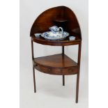 A Georgian mahogany corner washstand with Minton blue and white toiletry set, a/f