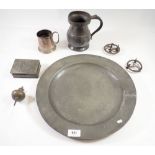 A group of antique pewter and metalware including 18th century pewter tankard