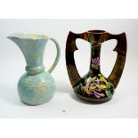 A Victorian Aesthetic two handled vase painted flowers, 24cm and a 1930's blue mottled jug