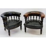 A pair of Victorian leather upholstered Captains bow back chairs with turned spindle backs & legs