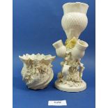 A Belleek floral encrusted vase, 8.5cm with black mark to base and a thistle vase - repaired to