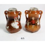 A pair of Royal Bayreuth miniature vases printed children with silver collars, London 1913, 7.5cm