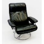 A retro Scandinavian leather recliner chair on chrome circular base by Skoghaug Industries