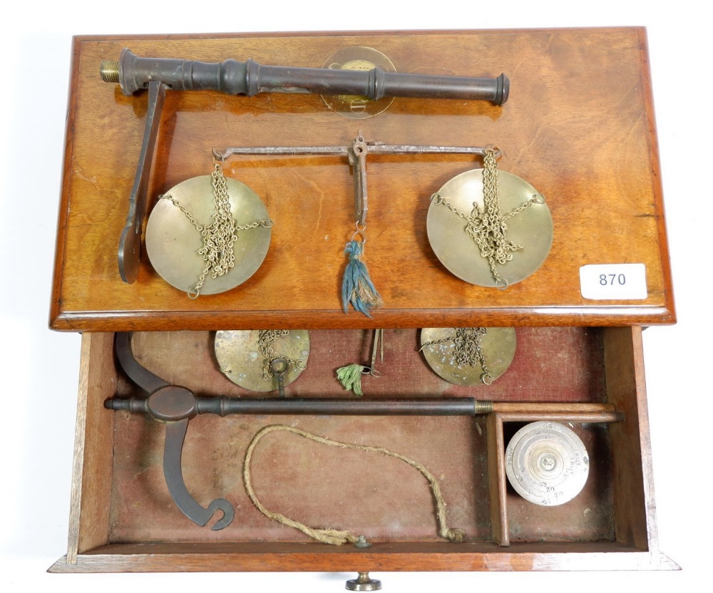 A Victorian set of brass balance scales with mahogany drawer base, 38cm wide - Image 2 of 2