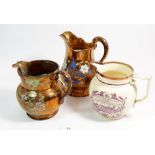 Two copper lustre jugs (one a/f) and a Sunderland lustre jug with Ploughing text, 14cm tall