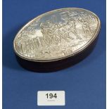 An oval wooden box with silver lid applied carriage scene, 13cm wide, Birmingham 1990