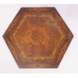 An Edwardian hexagonal gypsy table with marquetry design on tripod bobbin supports, 71cm high