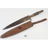 An antique South African horn and ebony handled dagger with leather holder, 34cm
