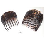 Two pressed tortoiseshell large hair combs - one with steel inlay, 14 x 15cm the other with