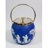 A Wedgwood blue Jasperware biscuit barrel with silver plated mounts